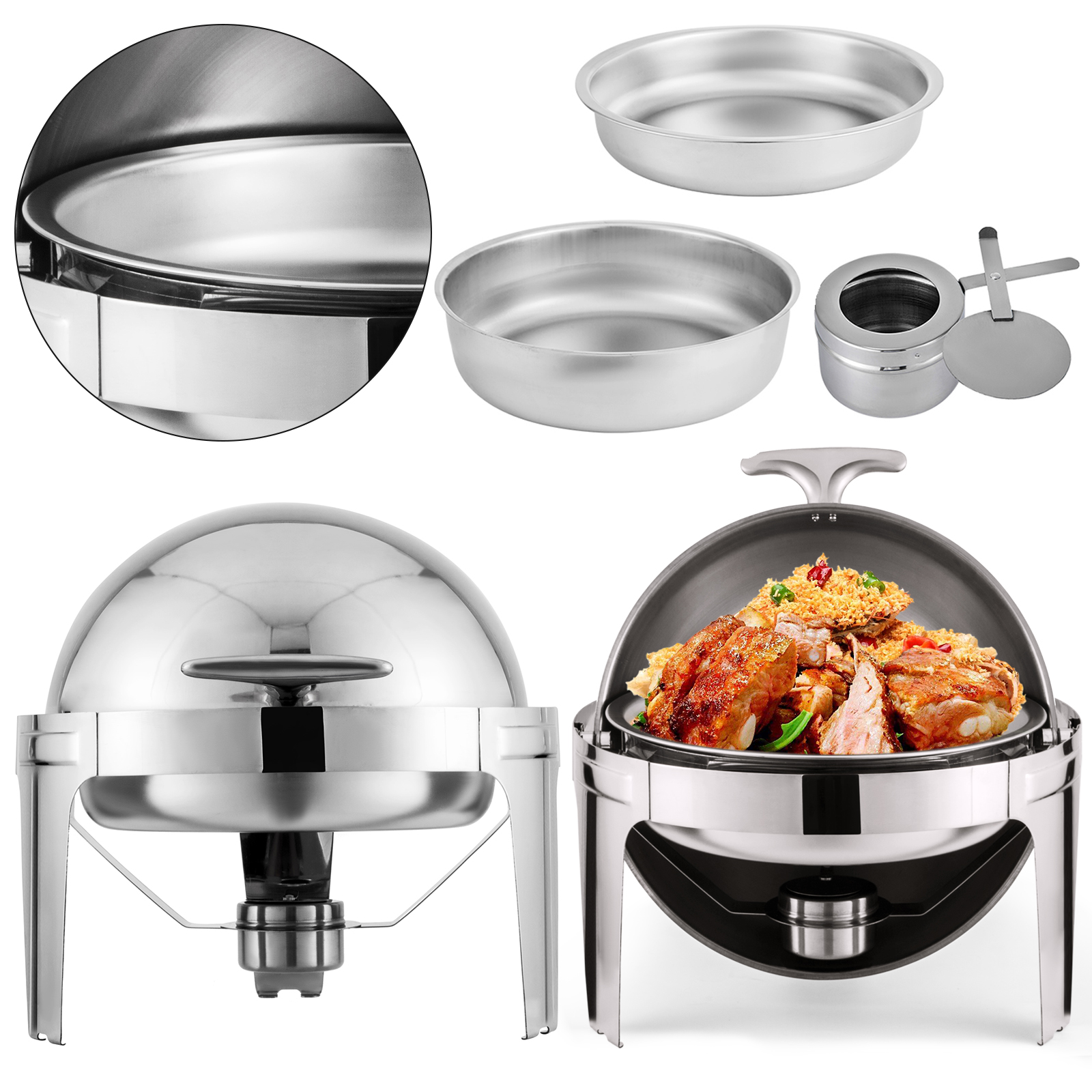 VEVOR 2 Packs Stainless Steel Chafing Dish 6 Quart Round Chafer Roll Top Chafer for Catering Buffet Warmer Set with Pans and Fuel Holders