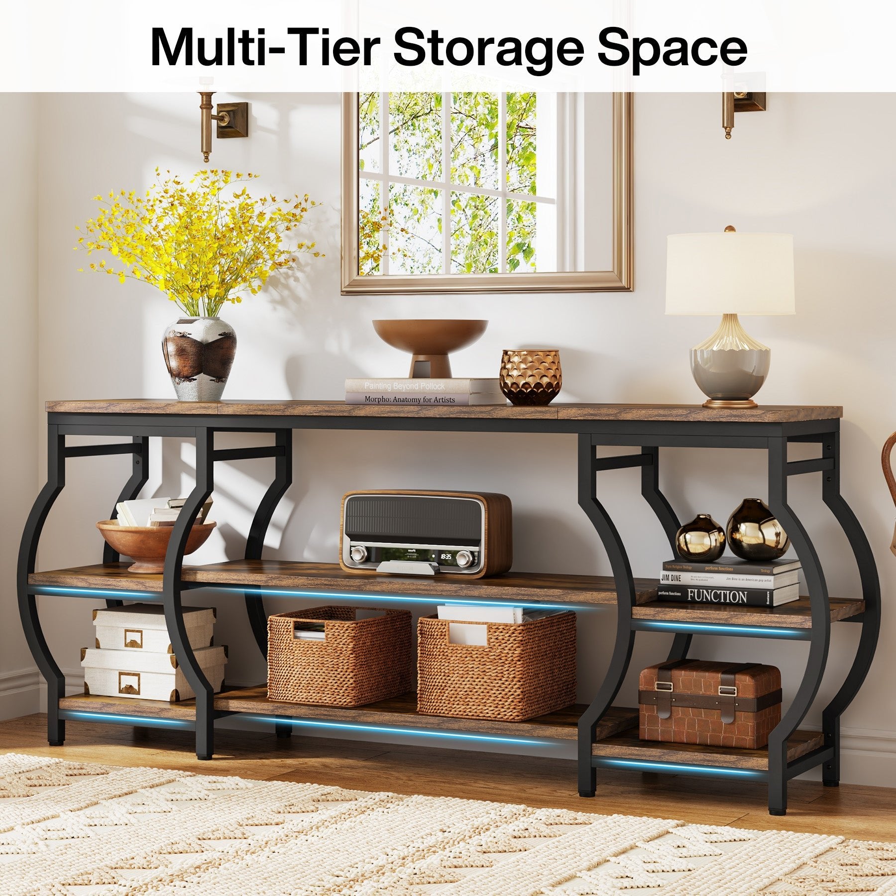 63” Console Table, 3-Tier Sofa Entryway Table with Storage Shelves