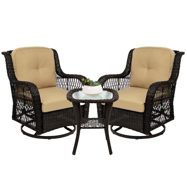 Best Choice Products 3 piece Patio Wicker Bistro Furniture Set W 2 Cushioned Swivel Rocking Chairs Side Table