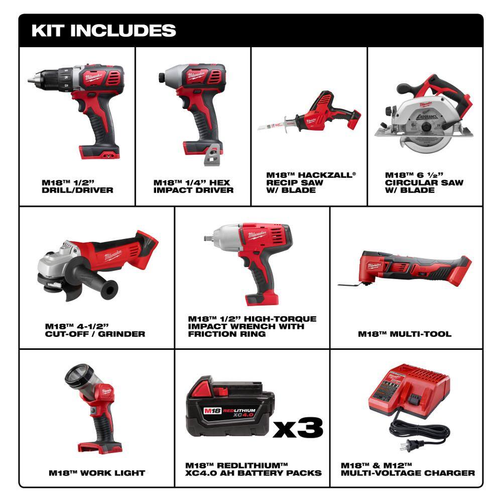 MW M18 18V Lithium-Ion Cordless Combo Kit (8-Tool) with Three 4.0 Ah Batteries 1 Charger 2 Tool Bag and Hole Saw Set 2691-28XC-49-22-4170