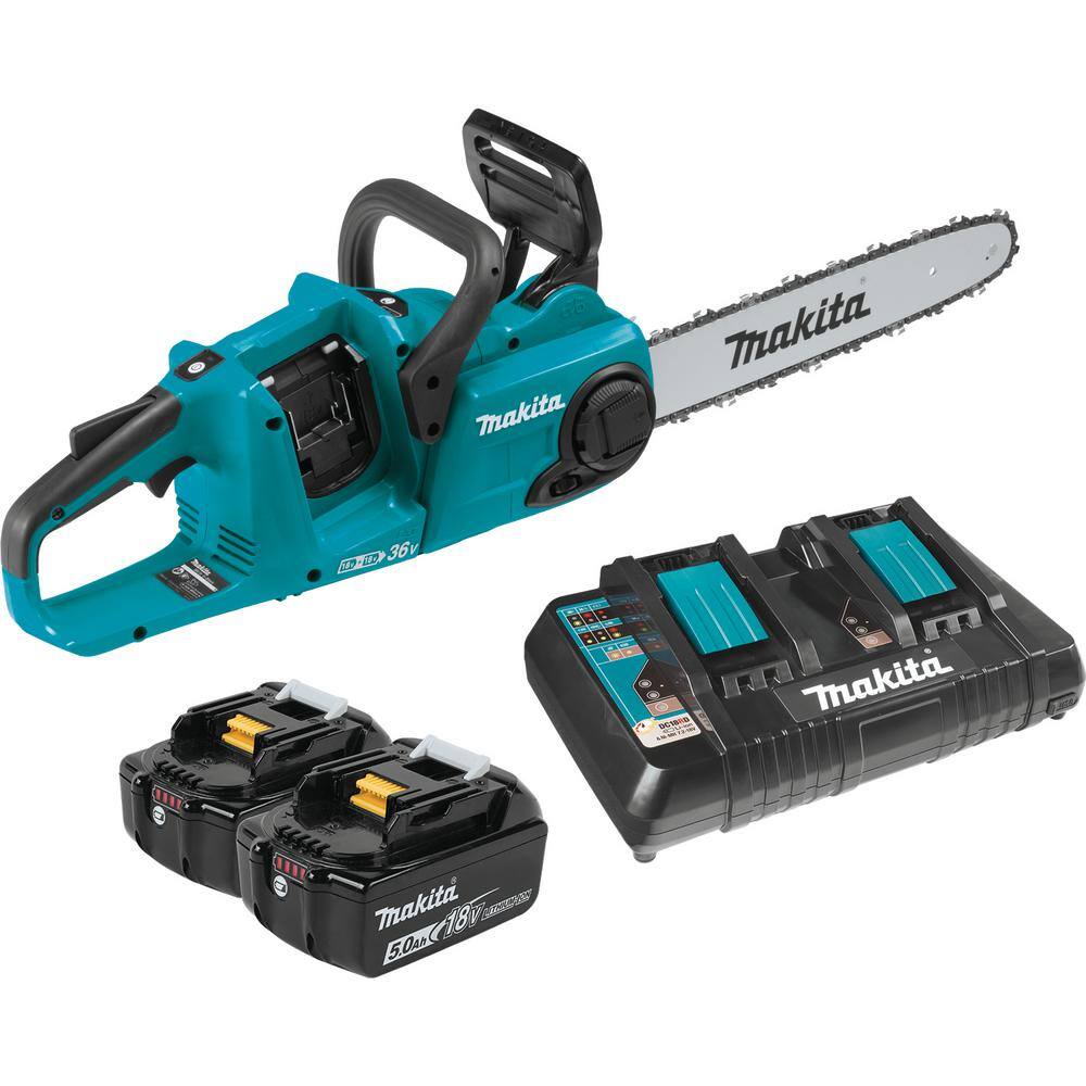 Makita LXT 14 in. 18V X2 (36V) Lithium-Ion Brushless Battery Rear Handle Chain Saw Kit w (2) Batteries 5.0Ah Charger XCU03PT