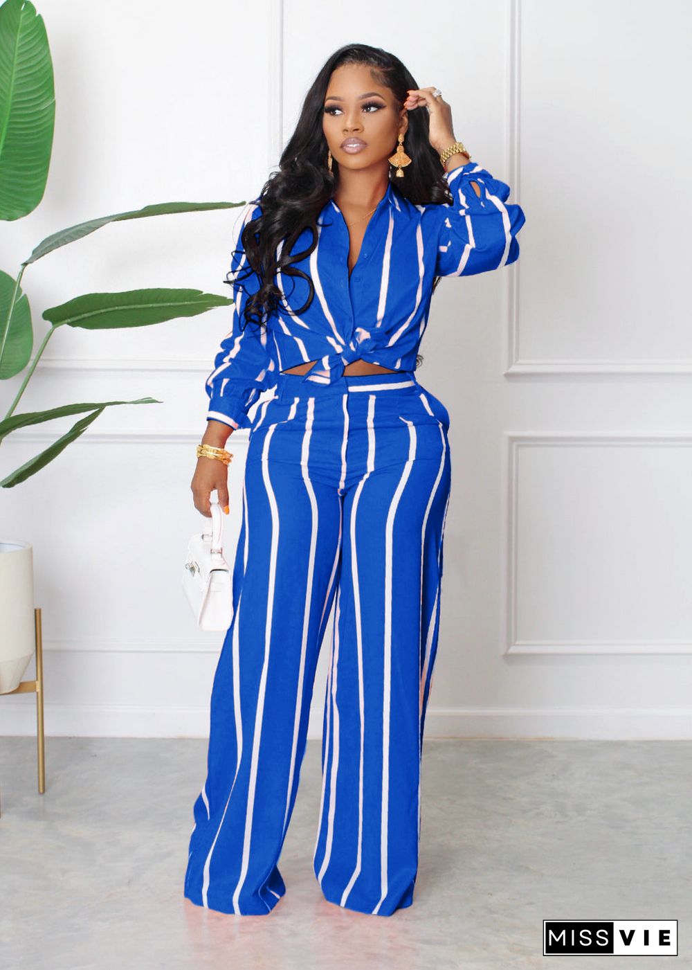 Striped Print Shirt and Wide Leg Pants 2 Piece Set