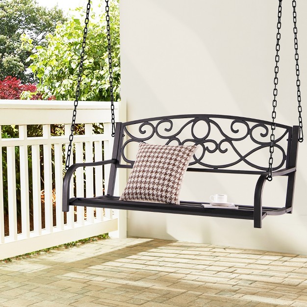 Costway Outdoor 2 person Metal Porch Swing Hanging Patio Bench 485 Lbs Capacity Black brown