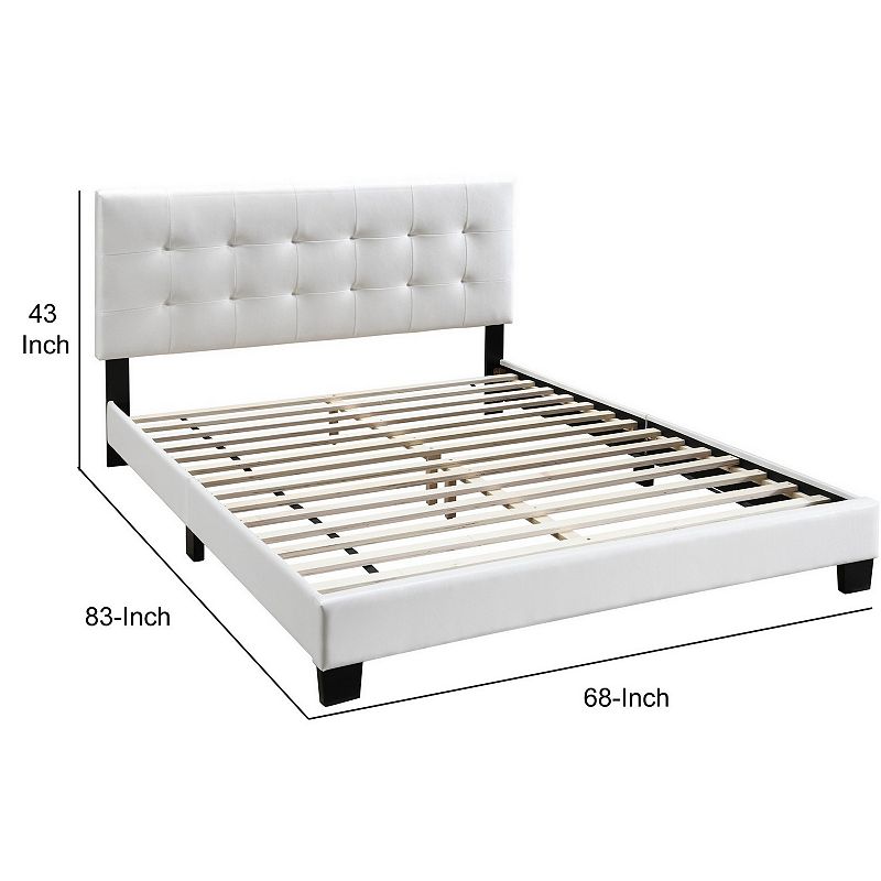 Queen Leatherette Bed with Checkered Tufted Headboard， White