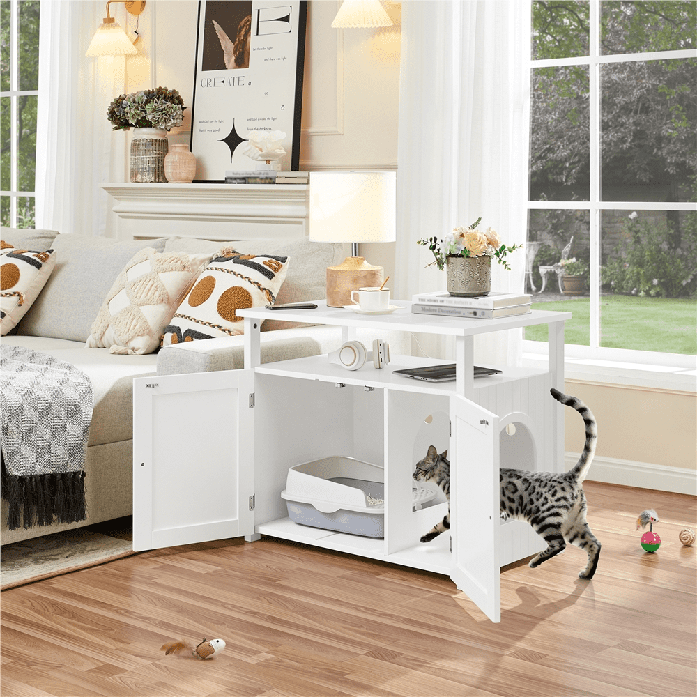 SmileMart Wooden Cat Litter Box Enclosure End Table White