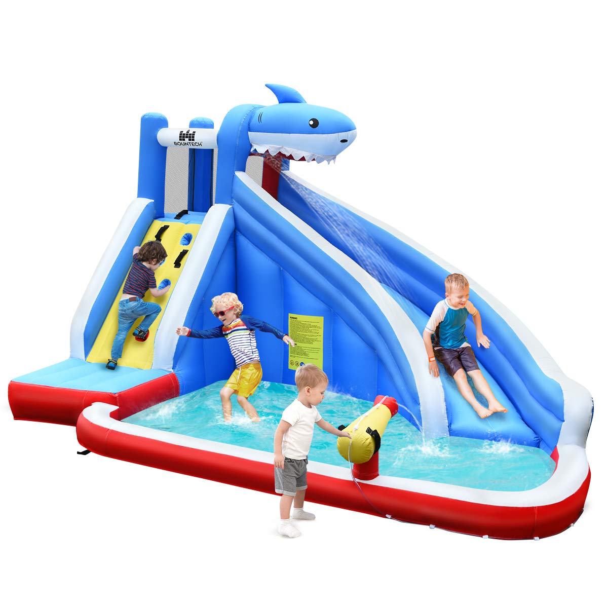 BOUNTECH 4 Kids Shark Themed Mighty Backyard Inflatable Water Slide w/ Climbing Wall