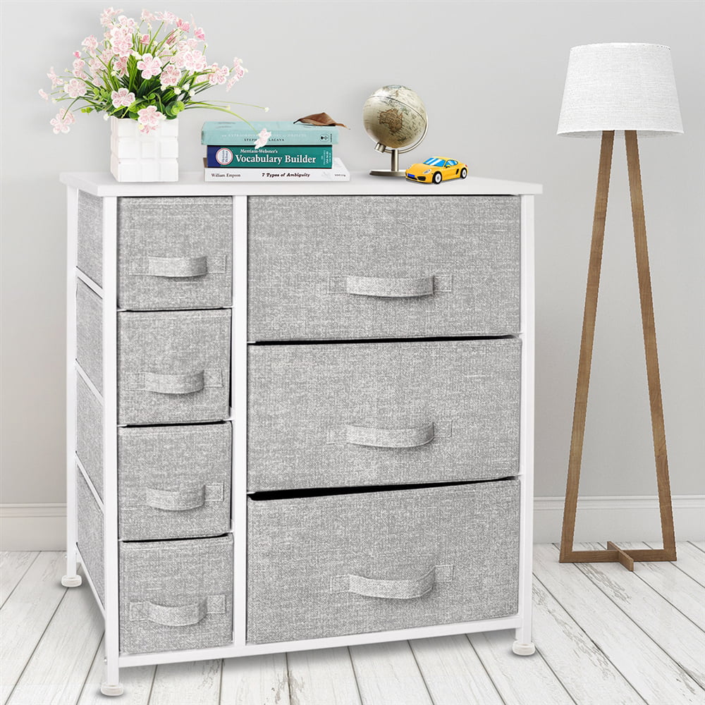 Bigroof Storage Organizer 7 Drawers for Bedroom Fabric Steel Frame Wood Top Light Gray