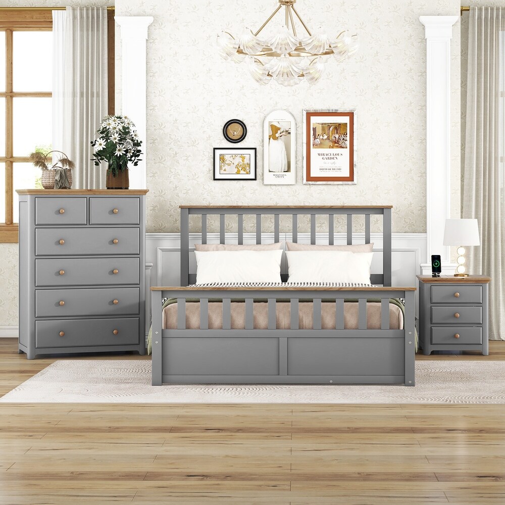 3 Pieces Queen Size Platform Bed Sets with Nightstand