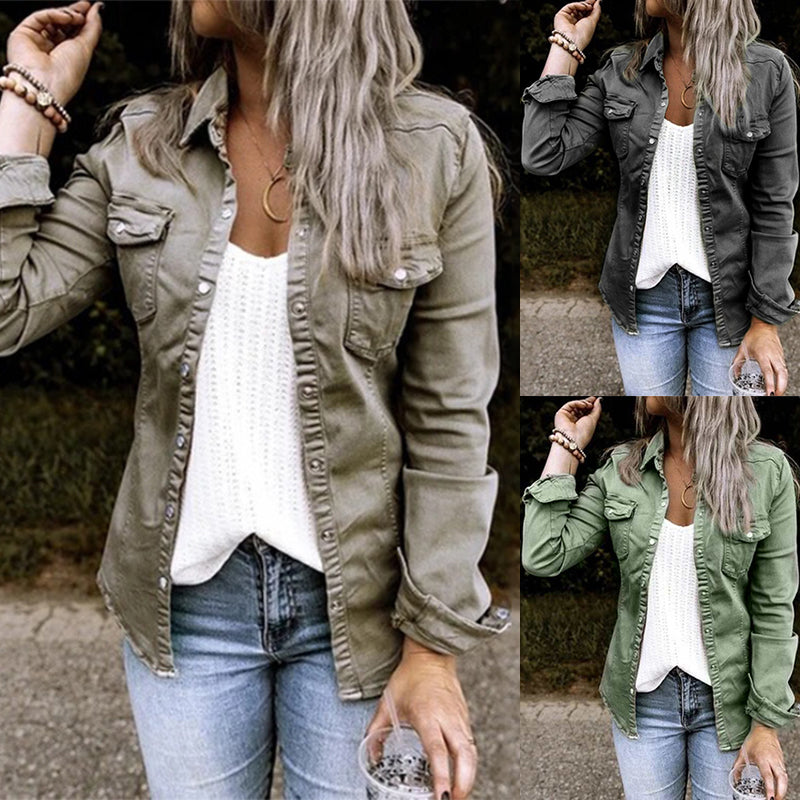 Solid Color Lapel Neck Pleated Denim Jacket