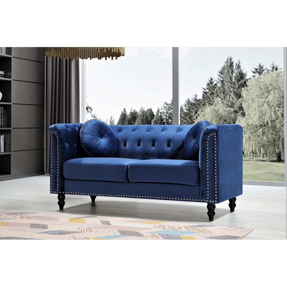 Calvin Classic Velvet Kittleson Nailhead Chesterfield 2 Piece Set Loveseat and Sofa