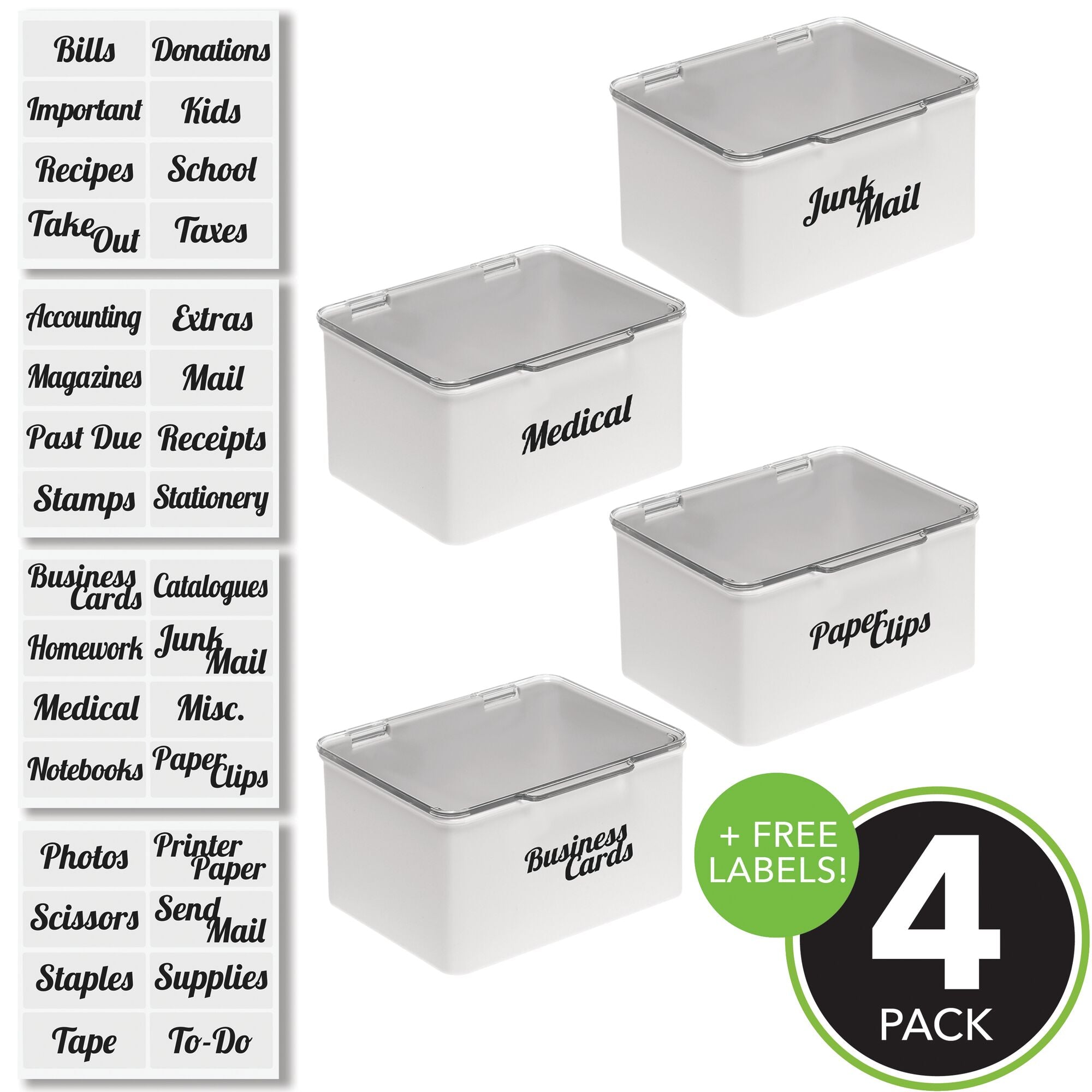 mDesign Plastic Stackable Home, Office Supplies Storage Organizer Box with Hinged Lid - for Note Pads, Pens, Staples, Dry Erase Markers, Tape - 6.6 Inches Wide, 4 Pack, 32 Labels - Light Gray/Clear