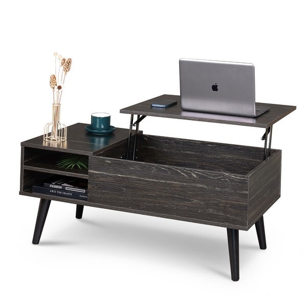 Wood Lift Tabletop Dining Table， Lift Top Coffee Table with Hidden Compartment and Adjustable Storage Shelf