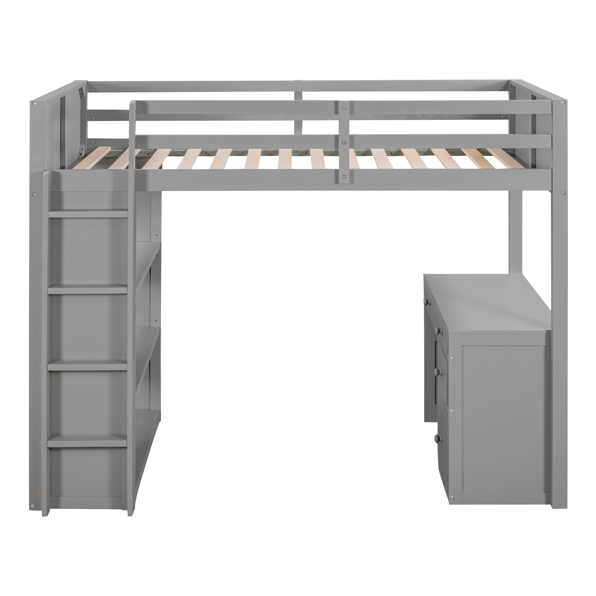 Bellemave Full Size Loft Bed with Desk and Shelves, Wood High Loft Bed Frame with Storage and Ladder, for Kids Teens Adults, Gray