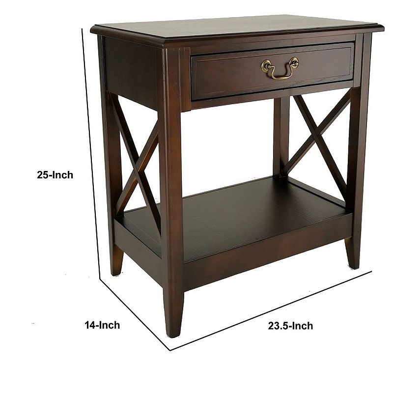 Nightstand with 1 Drawer and Criss Cross Sides， Espresso Brown