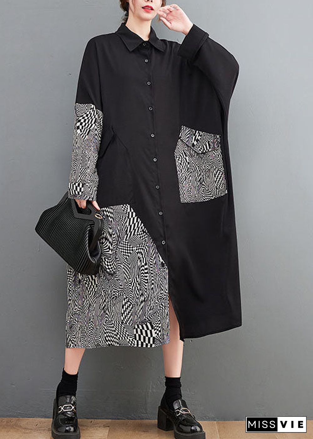 Italian Black Asymmetrical Patchwork Print Cotton Dresses Spring