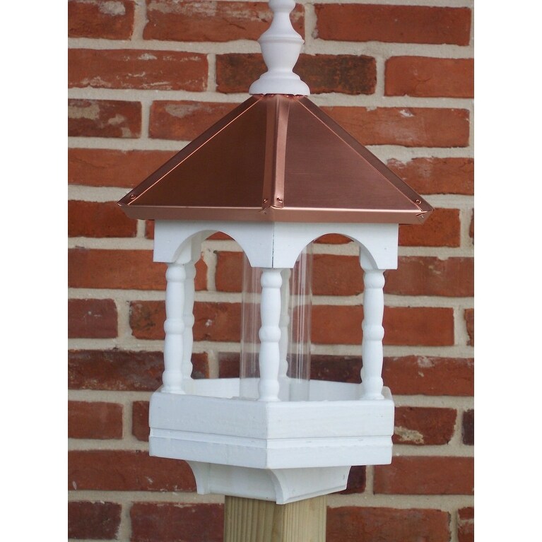 Small White Bird Feeder with Spindles and Copper Roof