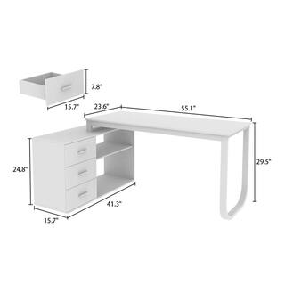 FUFUGAGA 55.1 in. L-Shaped White Wood Writing Desk Corner Gaming Desk With 2-Tier Shelves and 3-Drawers Home Office Use KF210009-02-c