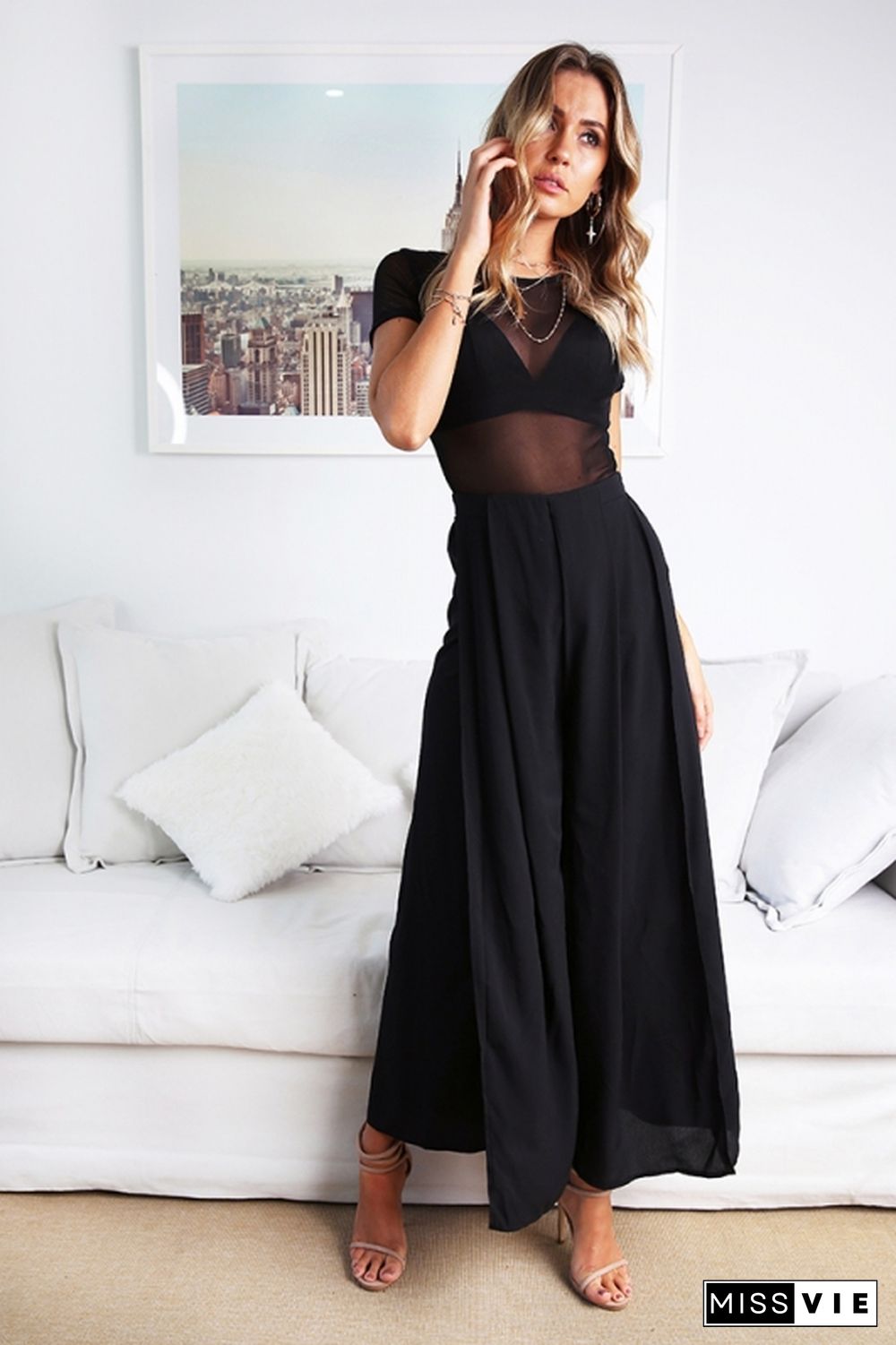 Women's Elegant Pure Color Chiffon Slit Jumpsuit