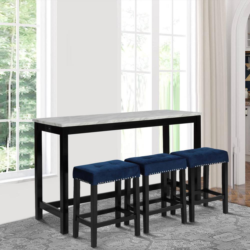 Benjara Blue Kate 60 in. 4-Piece Wooden Top Bar Table Set with Upholstered Stools BM272114