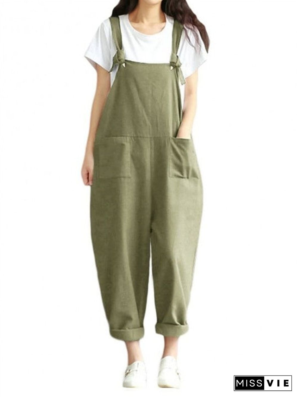 Women's Literary Cotton Linen Straps Casual Pants Jumpsuit