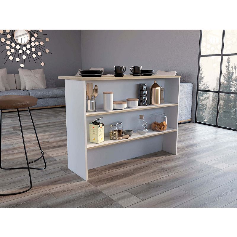 DEPOT E-SHOP Britton kitchen Island with Two-Tier Storage Shelf and Ample Workstation， White / Light Pine