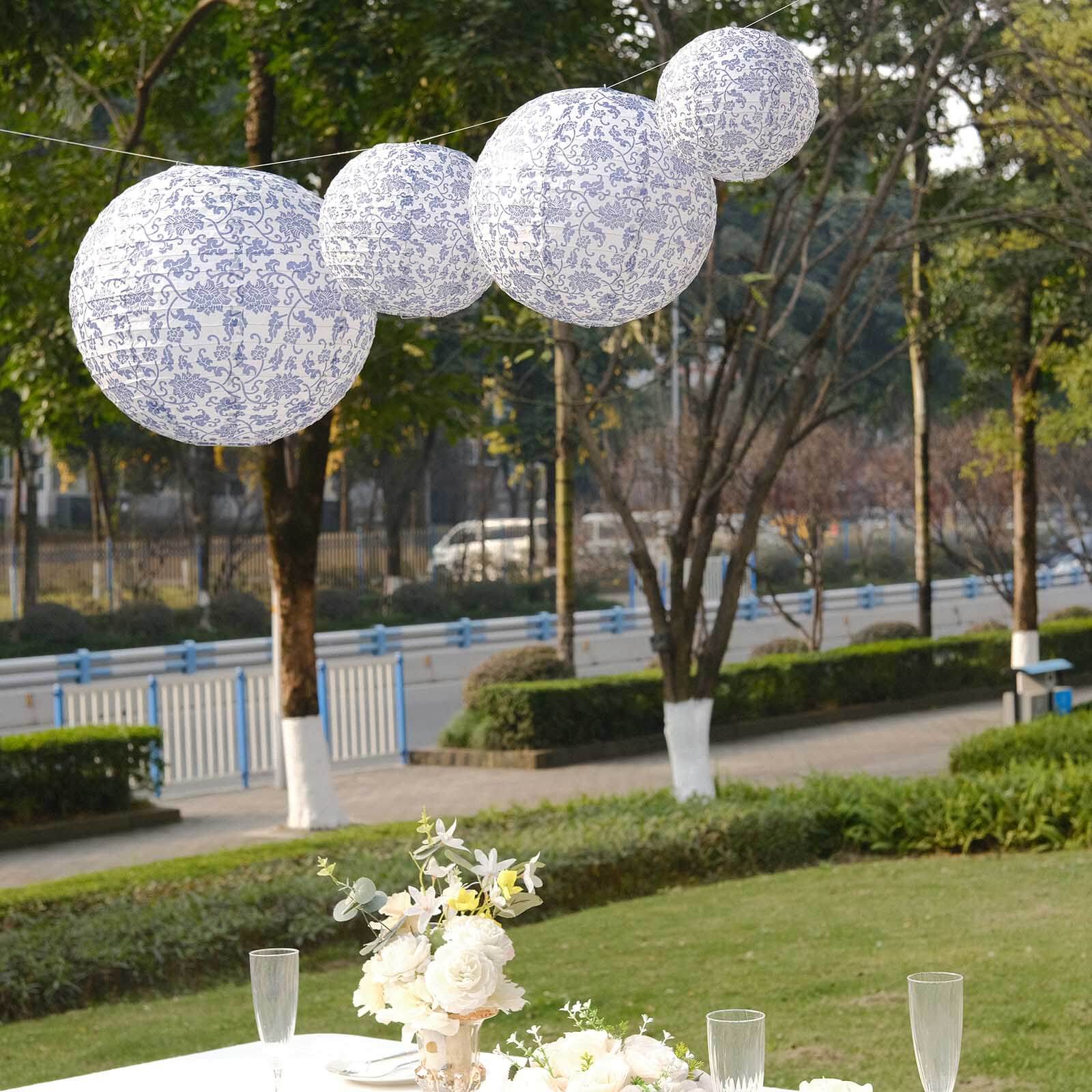 Set of 8 White Light Blue Hanging Paper Lanterns in French Toile Floral Pattern, Chinese Festival Lanterns - 6