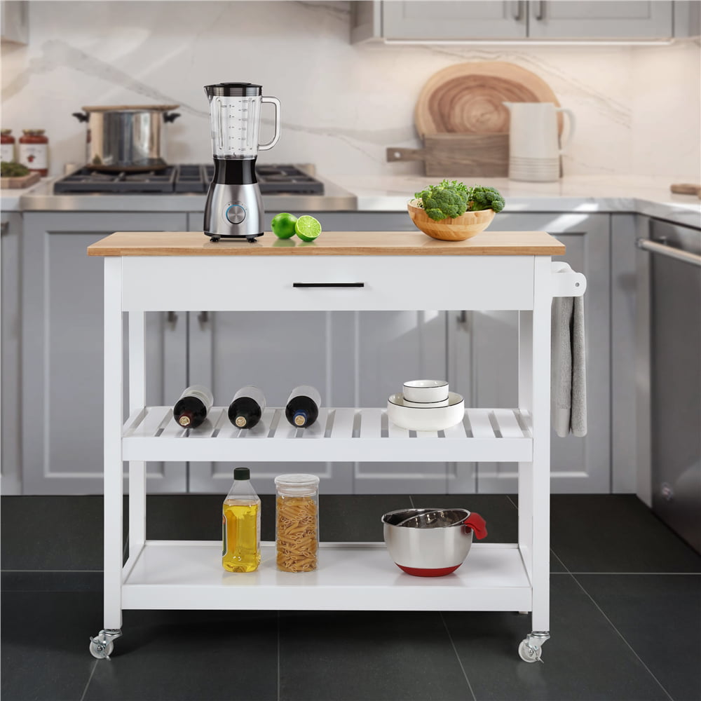 Yaheetech 3 Tier Rolling Kitchen Cart Island Cart on Wheels with Storage Shelf and Drawer Solid Wood Countertop， White