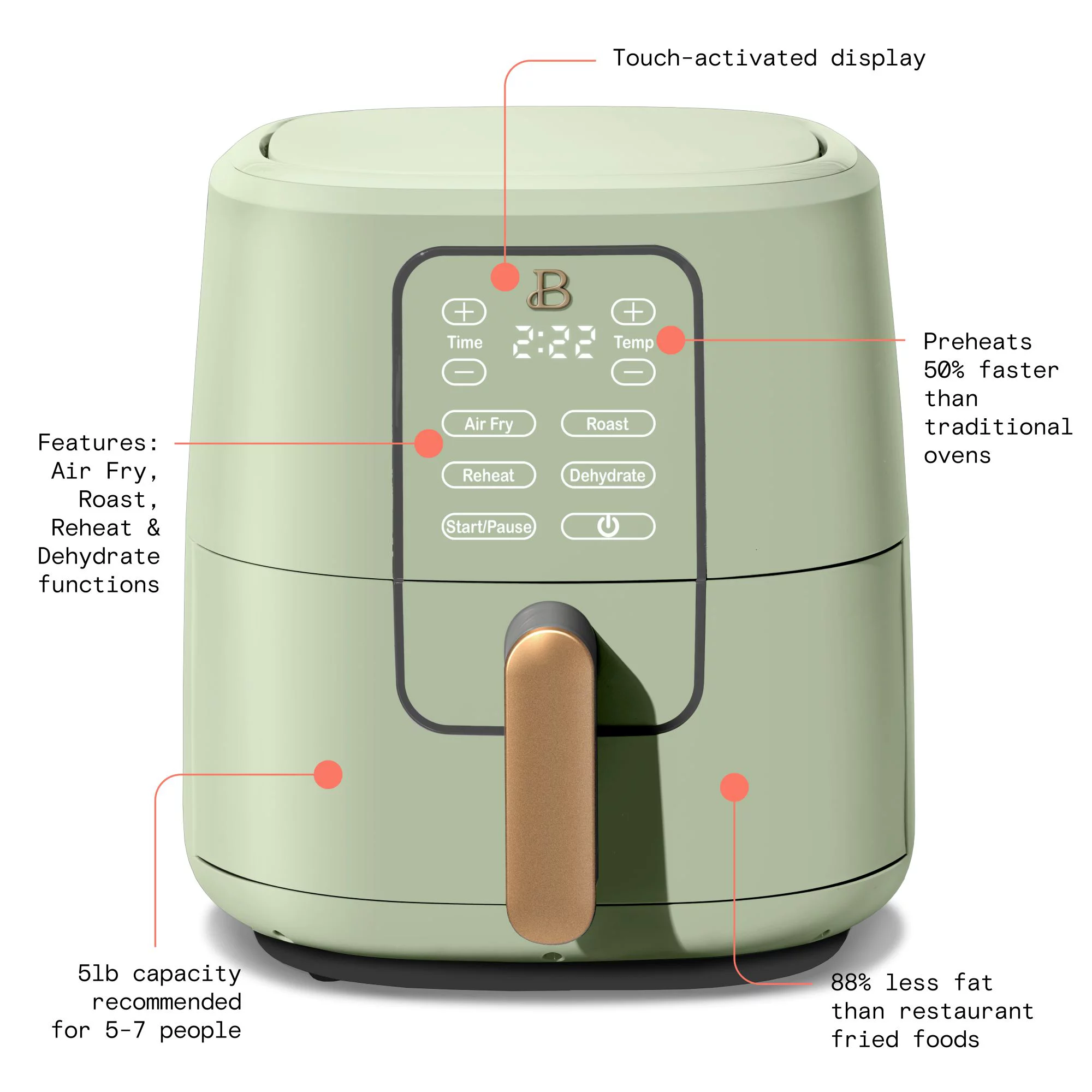 Beautiful 6 Quart Touchscreen Air Fryer， Sage Green by Drew Barrymore