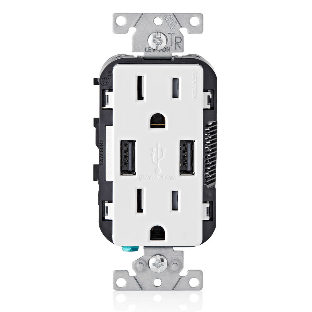 Leviton Receptacle/Outlet and 3.6A USB Charger 15A 125V White