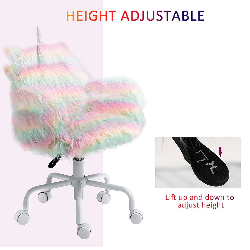 HOMCOM Fluffy Unicorn Office Chair with Mid Back and Armrest Support 5 Star Swivel Wheel White Base Rainbow