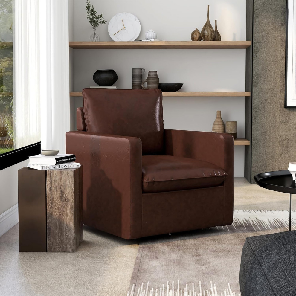 Transitional Accent Chair  Swiveling Faux Leather Seat  ampTrack Arms   Transitional   Armchairs And Accent Chairs   by Decor Love  Houzz