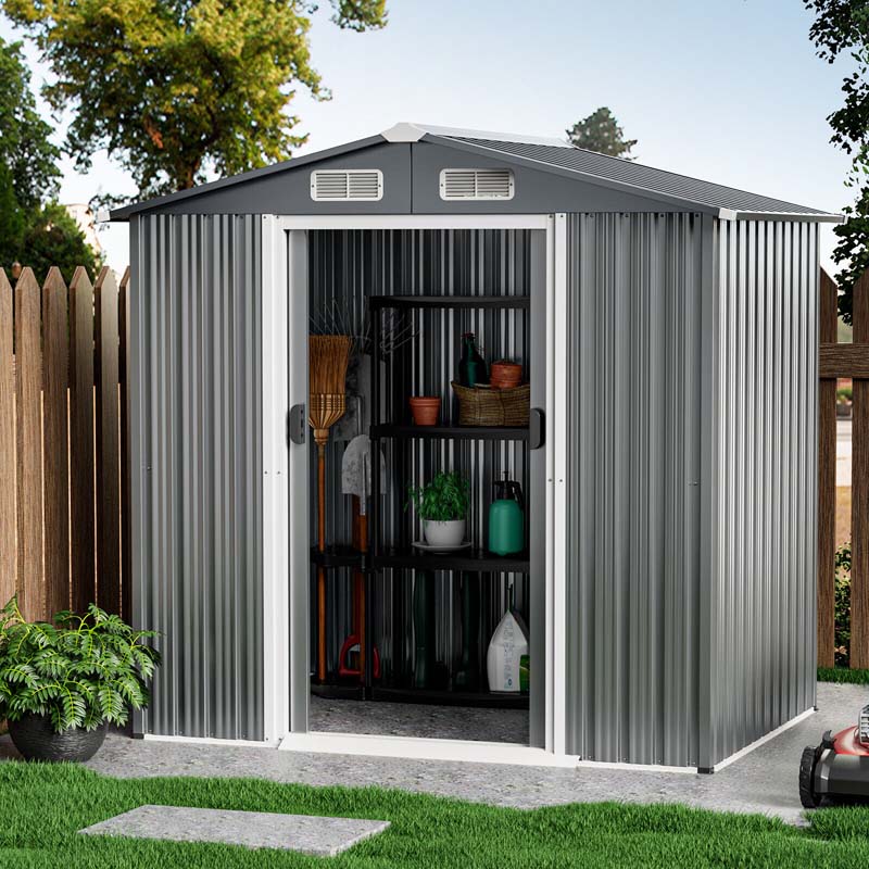 6 x 4 FT Outdoor Metal Storage Shed with Lockable Sliding Doors & 4 Air Vents, Waterproof Garden Tool Storage Room