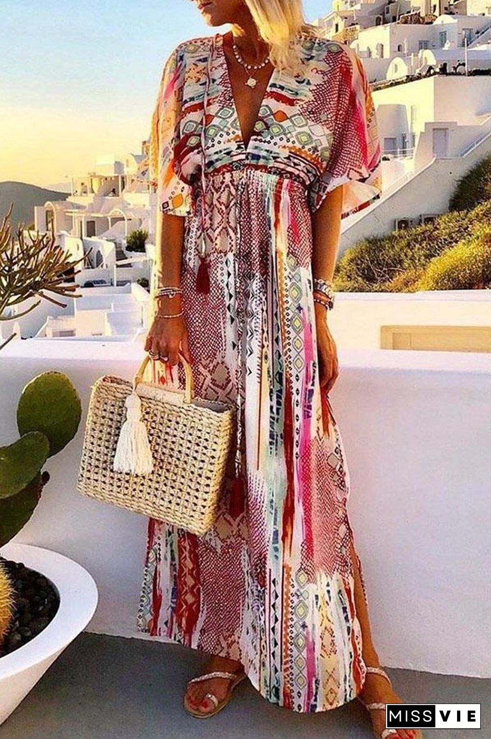 Bohemian Print Plunging Neck Maxi Slit Dress