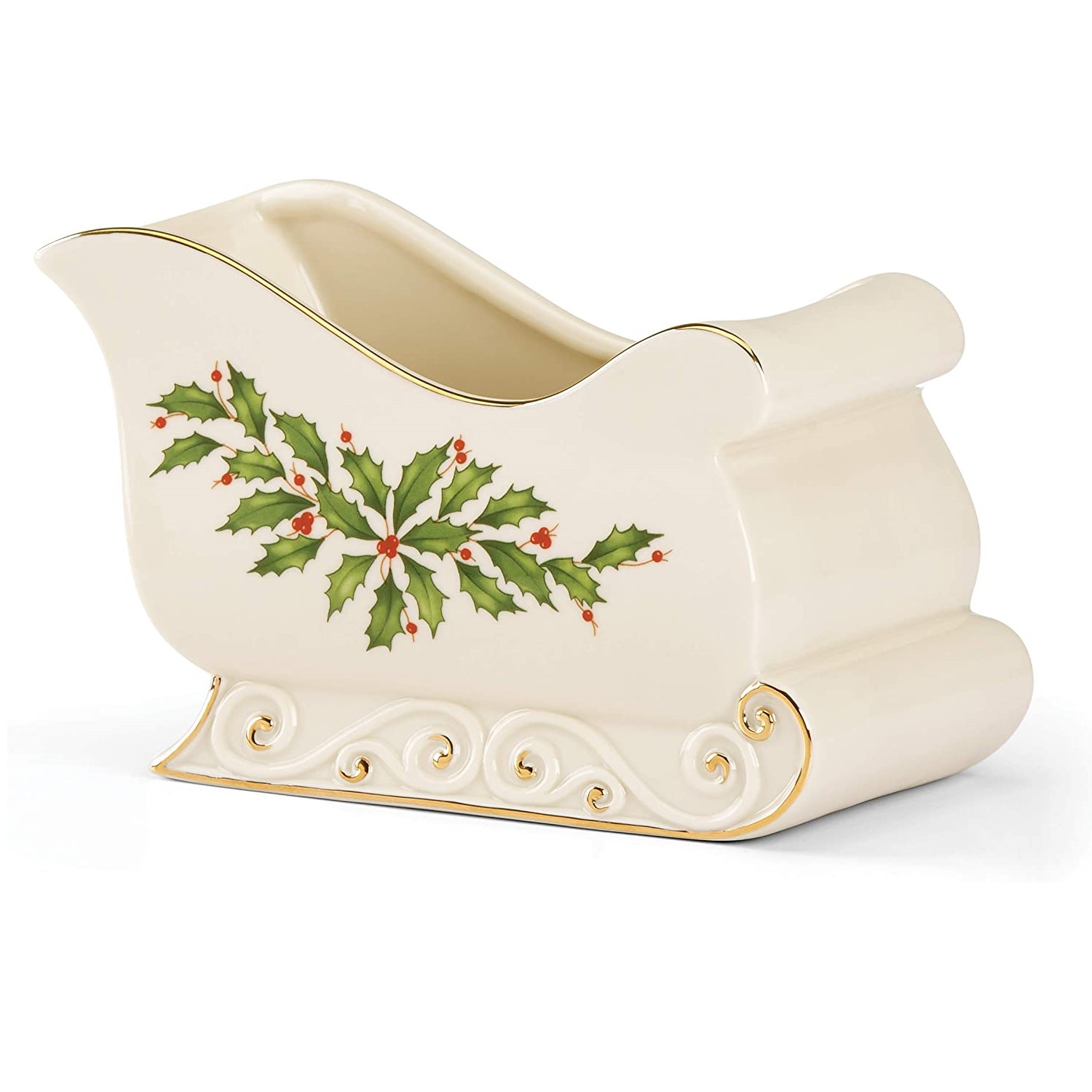 Lenox Red and Green Holly Porcelain Holiday Sleigh Candy Dish 886160