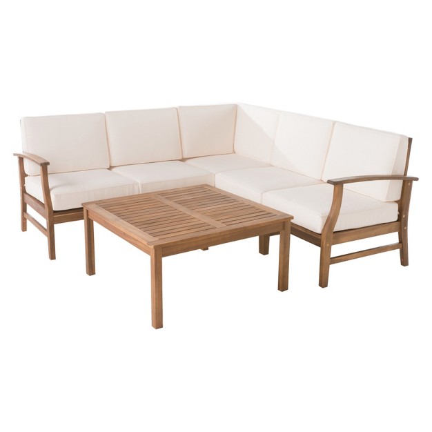 Perla 6pc Acacia Wood Patio Chat Set W Water Resistant Cushions Cream Christopher Knight Home