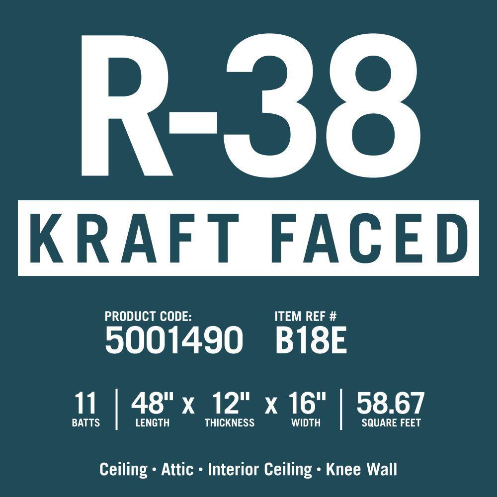 Knauf Insulation R-38 EcoBatt Kraft Faced Fiberglass Insulation Batt 12 in. x 16 in. x 48 in. 5001490