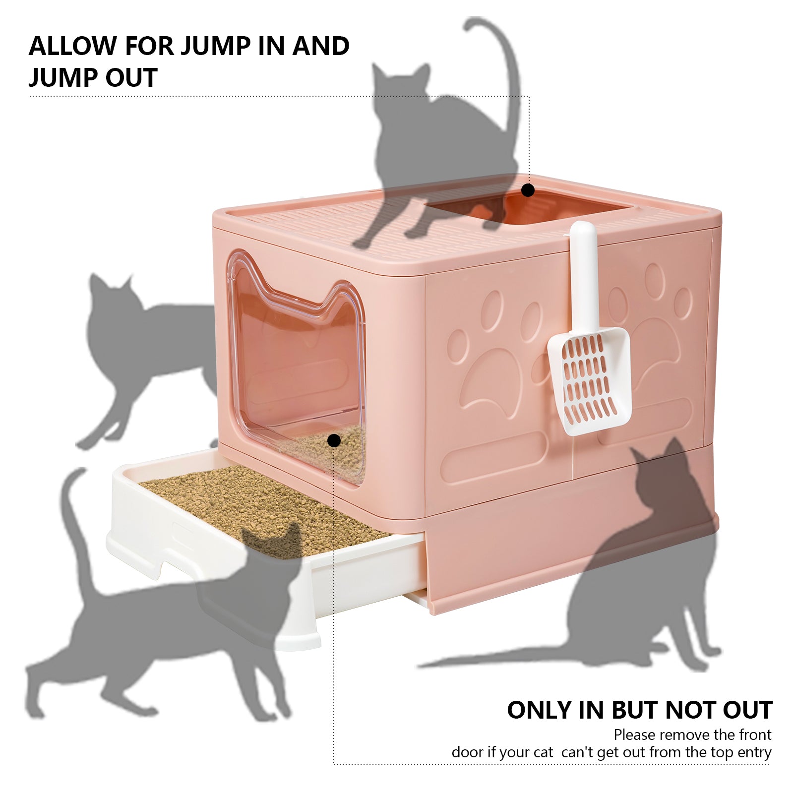 WiseWater Large Foldable Cat Litter Box with Lid， Top Entry Kitty Litter Box with Pet Plastic Scoop， Pink