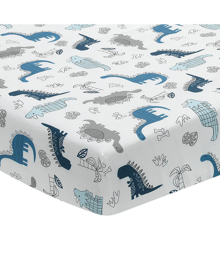 Lambs and Ivy Baby Dino 100% Cotton Blue White Gray Dinosaur Fitted Crib Sheet