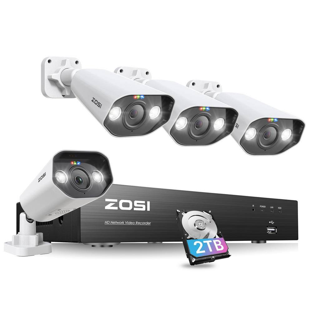 ZOSI 4K 8-Channel 5MP POE 2TB NVR Security Camera System with 4 Wired Outdoor Cameras Smart Human and Car Detection 8SN-1825AW4-20-US-A3