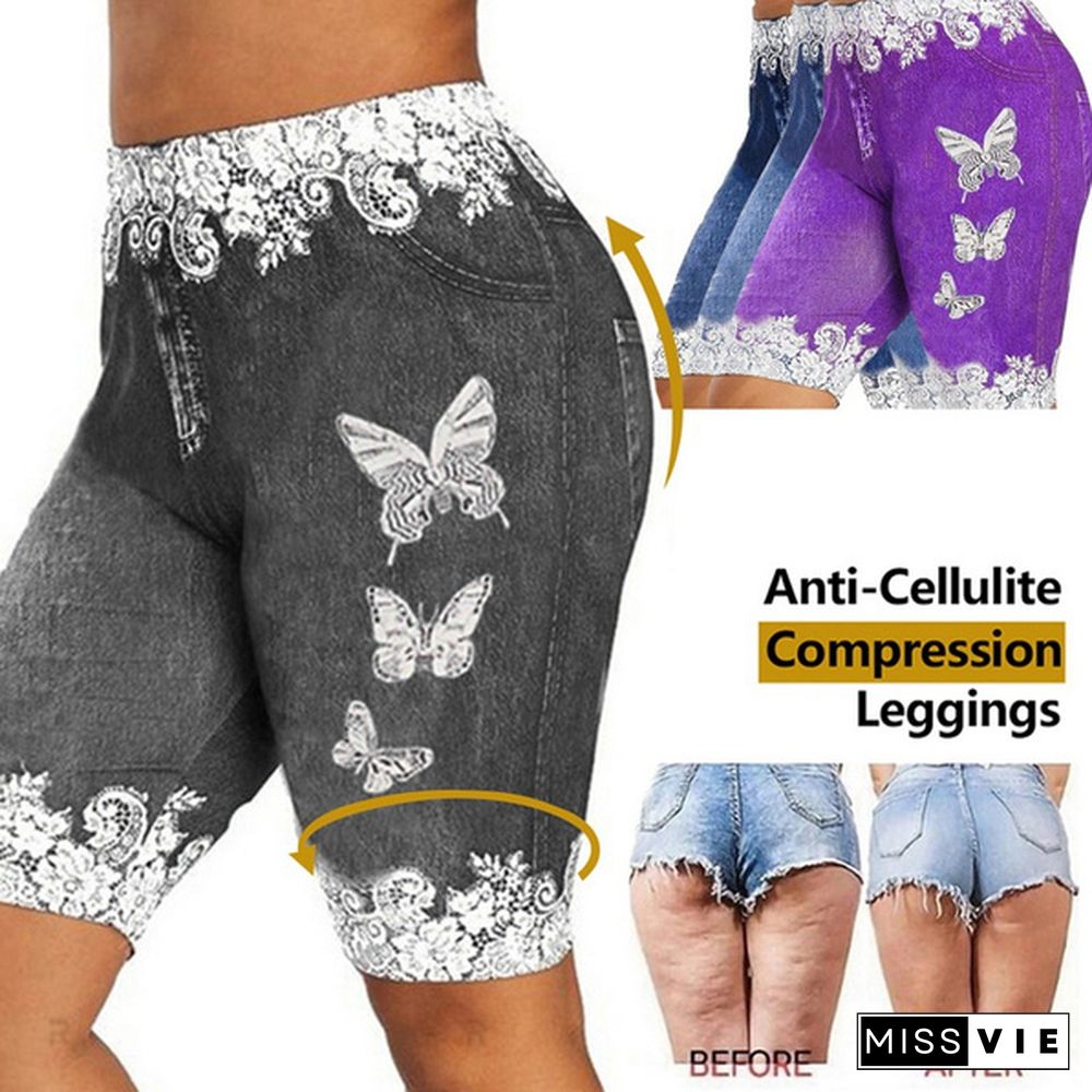 Women Fashion Skinny Casual Denim Jeggings Lace Up ButterflyPrint Shorts Leggings CapriShorts Plus Size S-5XL