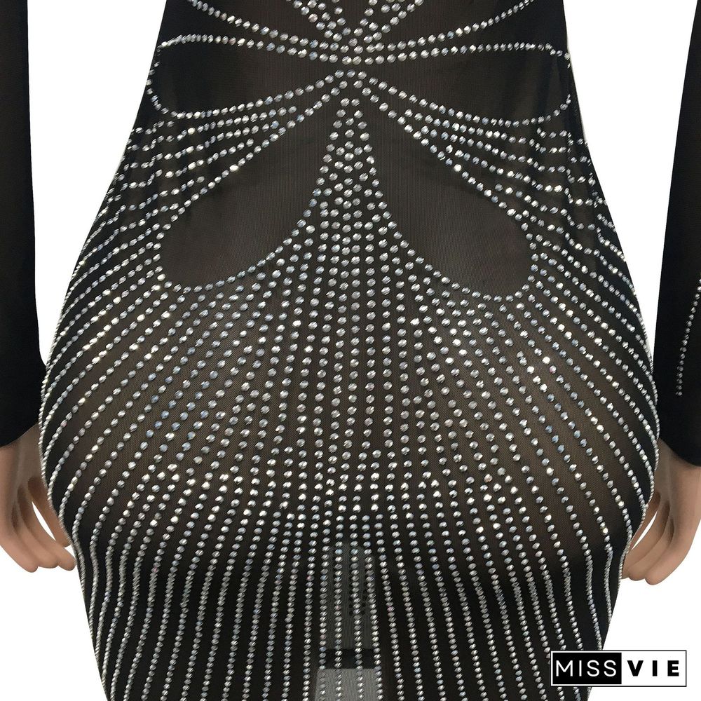 Hot Drilling Mesh Hollow Out Bodycon Nightclub Dress