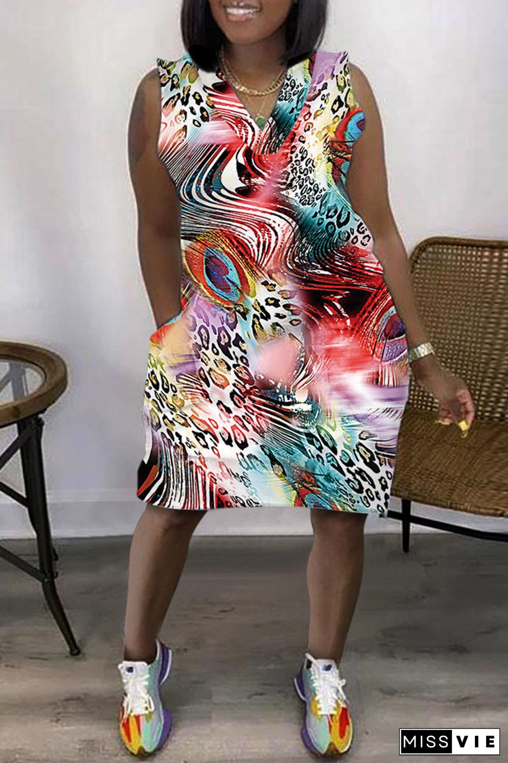 Multicolor Casual Print Patchwork V Neck Sleeveless Dress Dresses