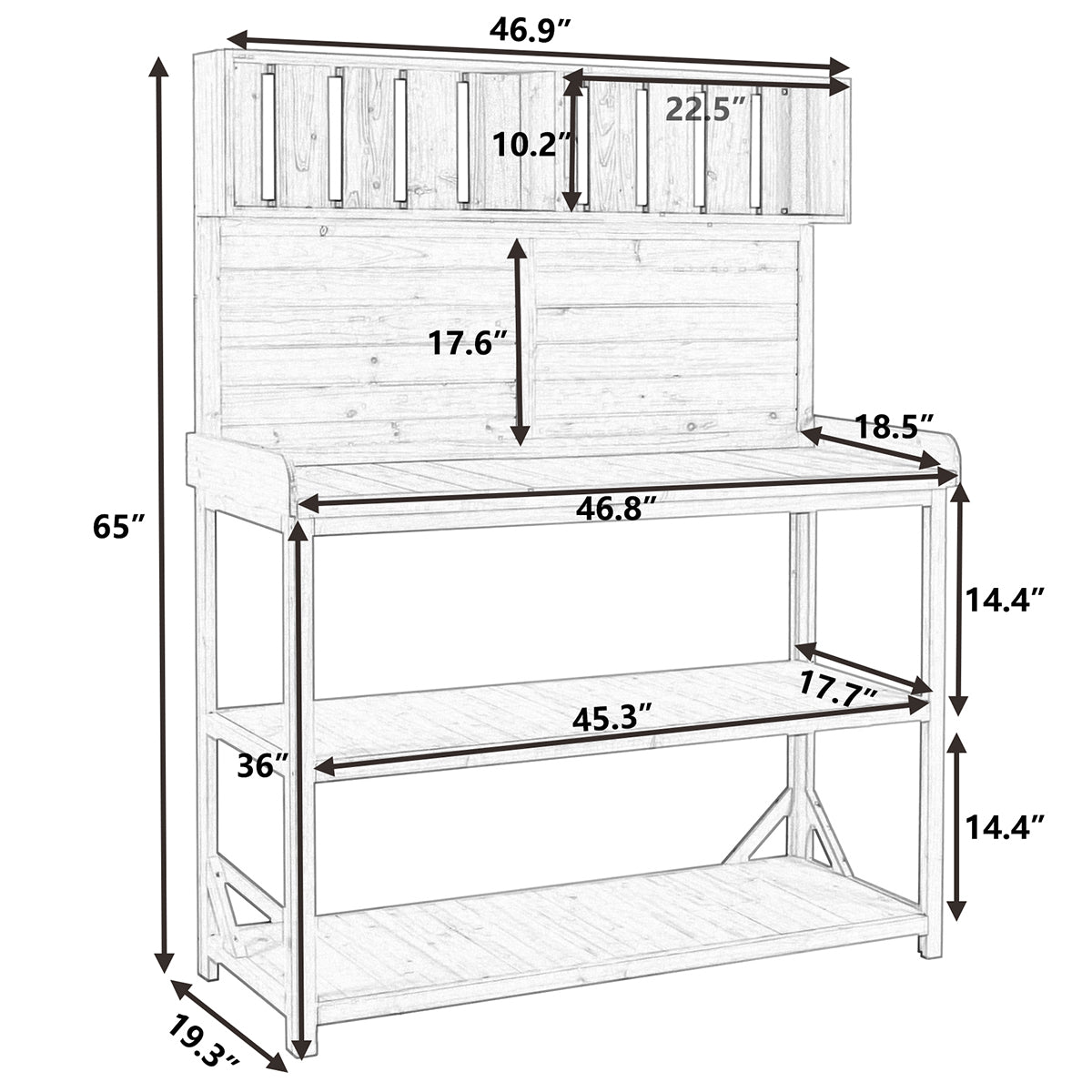 65 Inch Large Wooden Farmhouse Rustic Outdoor Potting Bench Table, Patio Workstation, Garden Potting Bench with 4 Storage Shelves and Side Hook,Natural