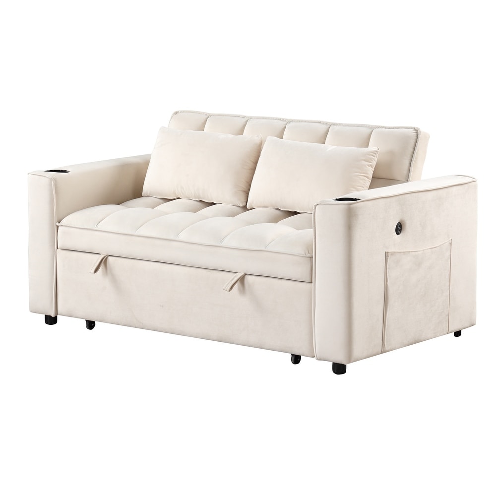 Velvet Upholstered Sofa Bed Convertible Sleeper Sofa with Cup Holder and USB Port   Perfect for Living Rooms and Apartments