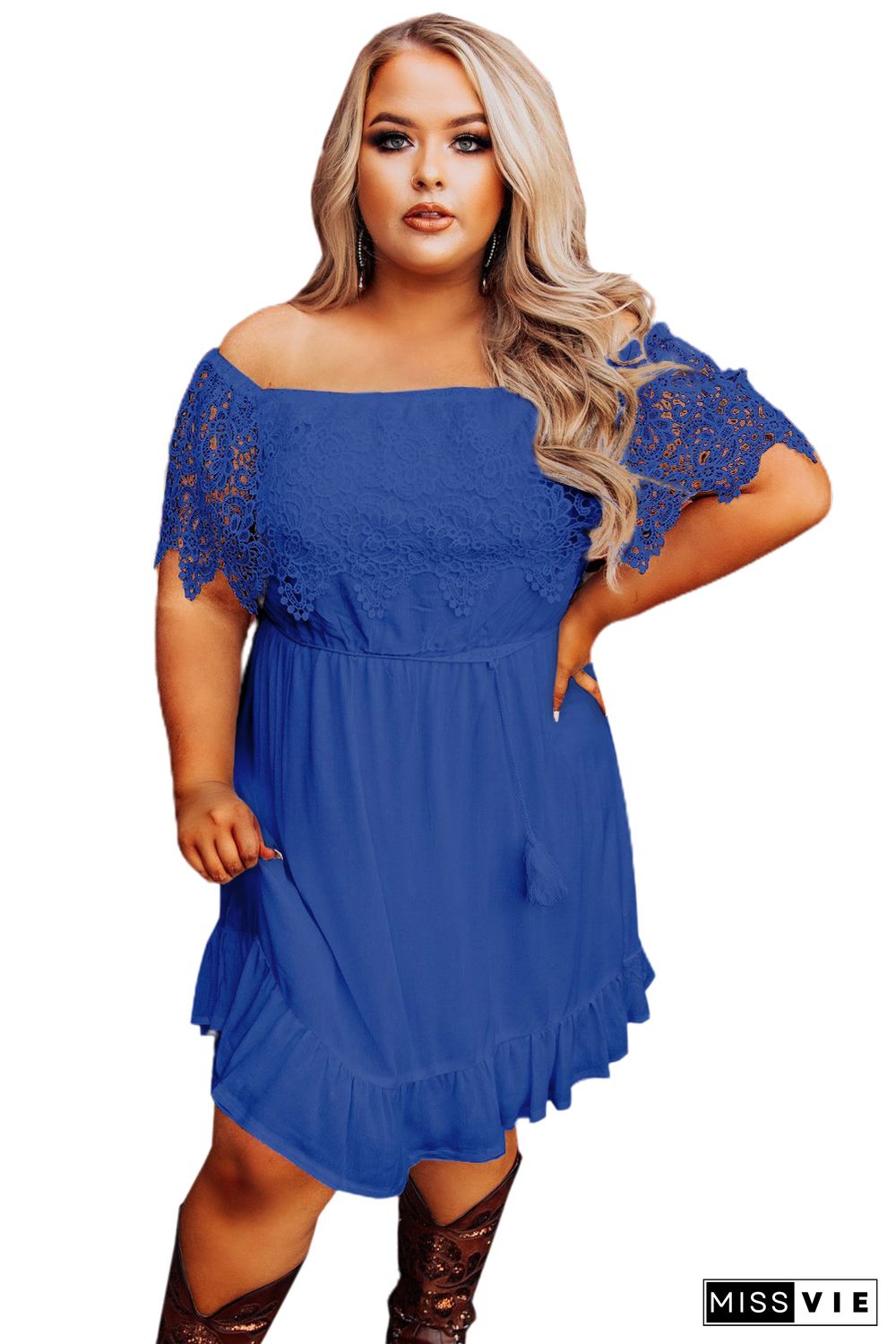 Blue Off-the-shoulder Lace Sleeves Plus size Dress