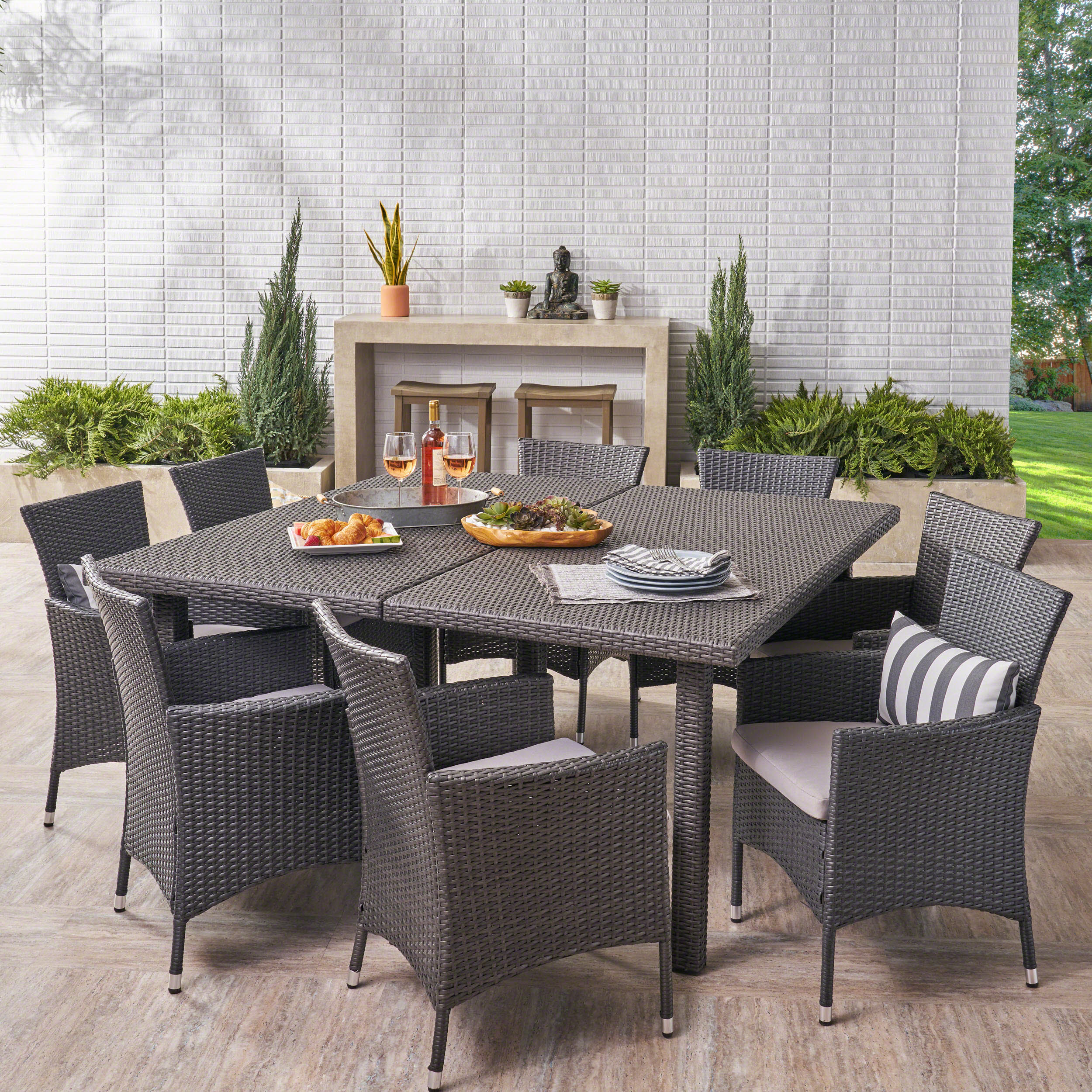 Noah Outdoor 9 Piece Grey Wicker Square Dining Set with Silver Water Resistant Cushions