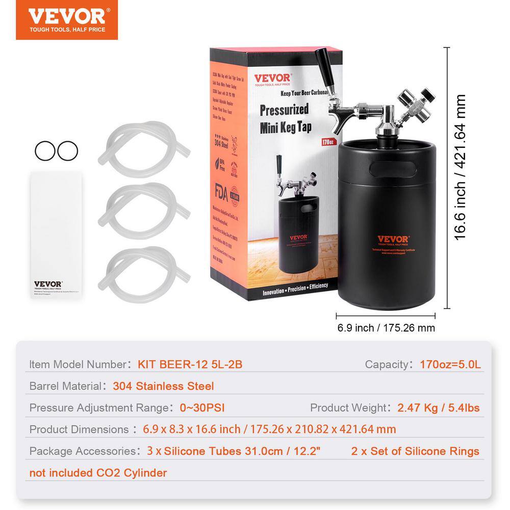 VEVOR Beer Growler Tap System 170 oz. 5L Mini Keg 304 Stainless Steel Pressurized Beer Growler with Pressure Display MNPJTHSY170OZOM8VV0