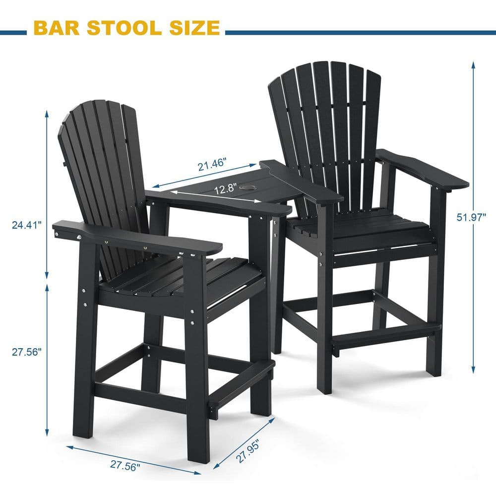 All-Weather HDPE Plastic Outdoor Bar Stools with Removable Umbrella Hole Table in Black (2-Pack) X-BC-HE01-BK