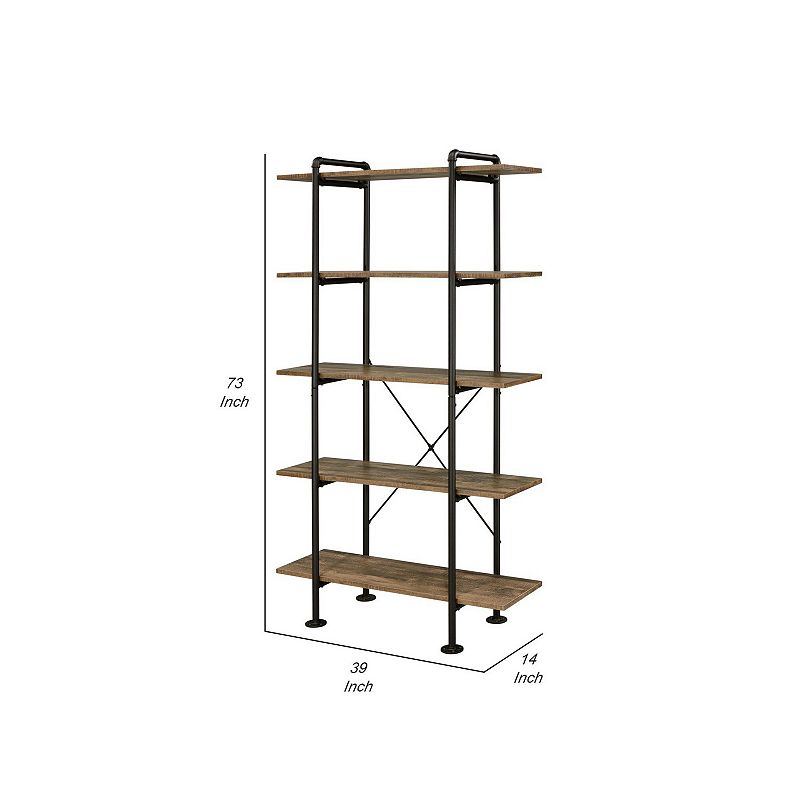 Bookcase with Metal Pipe Design and 5 Tier Shelves， Brown