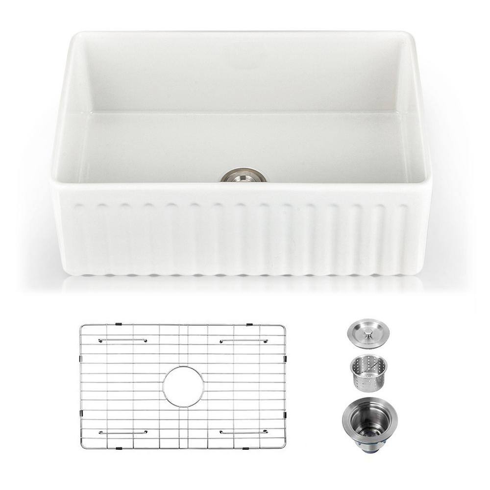 YASINU White Fireclay 33 in. x 20 in. Single Bowl Farmhouse Apron Kitchen Sink with Grid and Strainer YNCAS8280WH